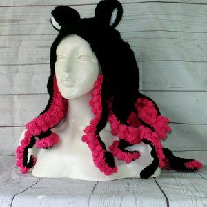 Black and Pink Crochet Octopus Hat Adult Size